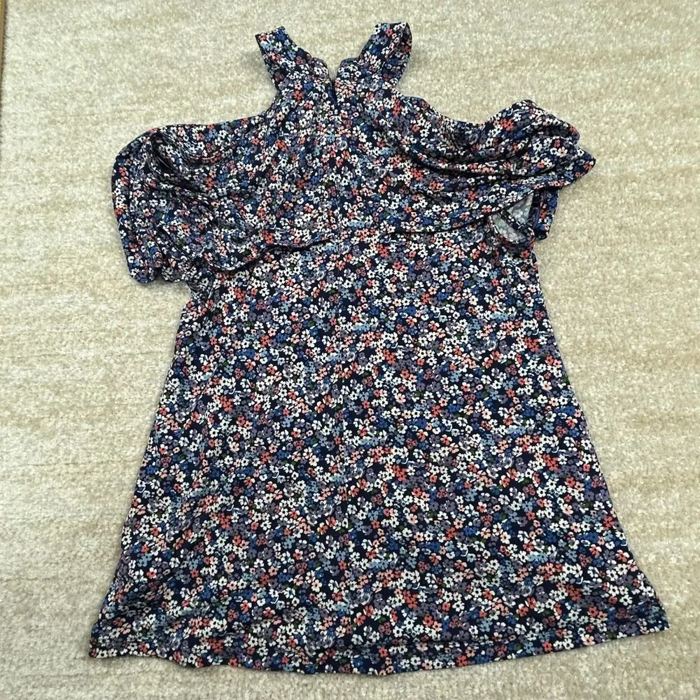 Michael Kors Dress Womens XS Navy Floral Cold Shoulder Ruffle Zipper Casual